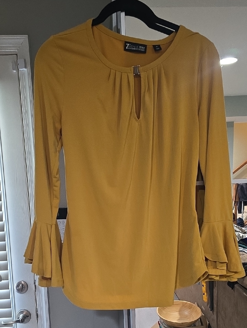 New York & Company Mustard Keyhole Ruffle-Sleeve Blouse